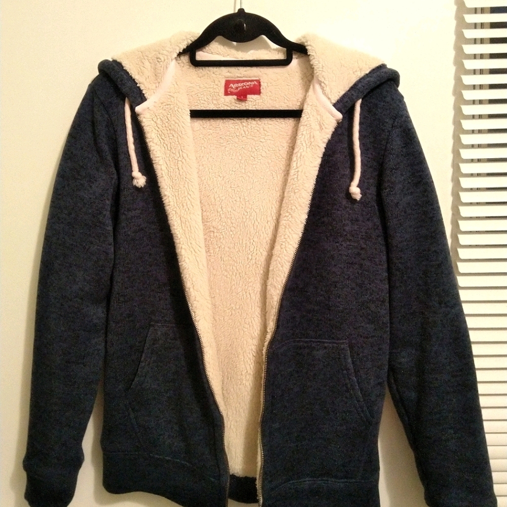 Sherpa-lined navy knit sweater jacket